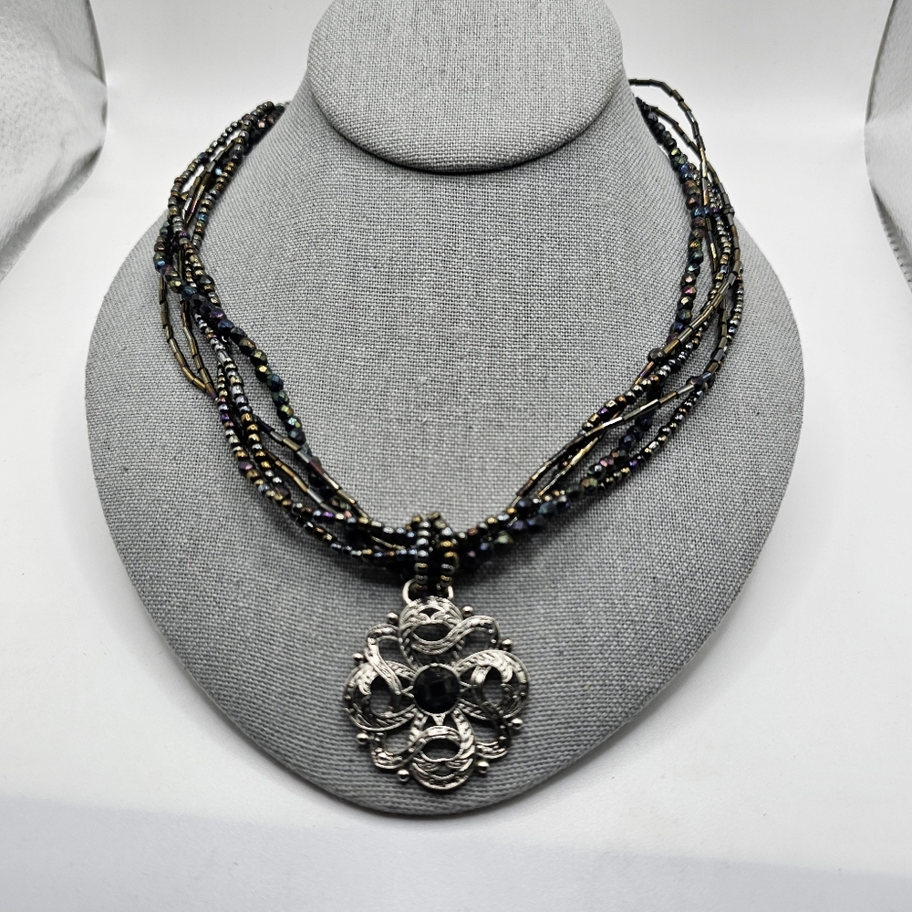 Cookie Lee Multicolor Beaded Necklace with Silvertone Pendant 14" 3" Extension